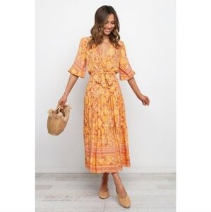 Petal & Pup Zesty Orange Floral Midi Dress with Tie Waist